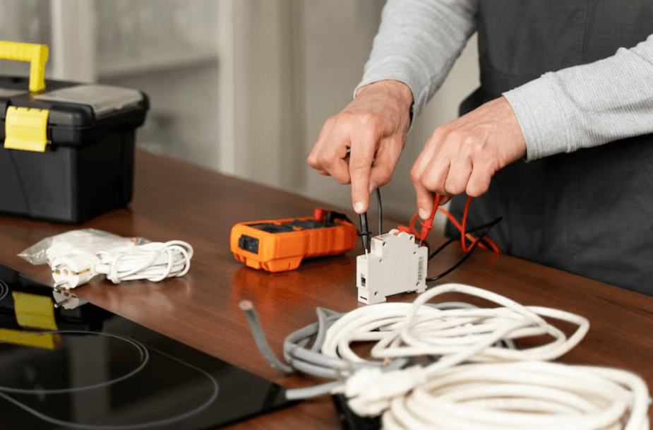 Office workspace with electrical equipment